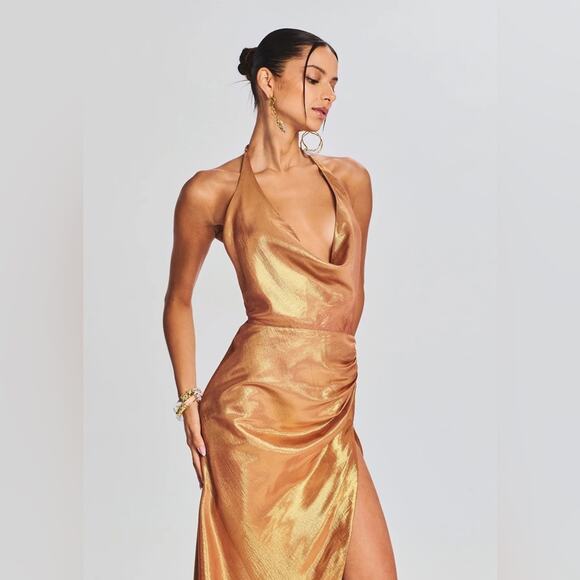 RETROFETE Cleo Silk Chiffon Maxi Dress Nude Glitter Adjustable Halter Side Slit - Picture 6 of 10